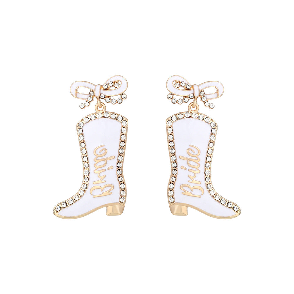 Wholesale Bow Oil Dripping Diamond Western Style BRIDE Cowboy Boot Earrings